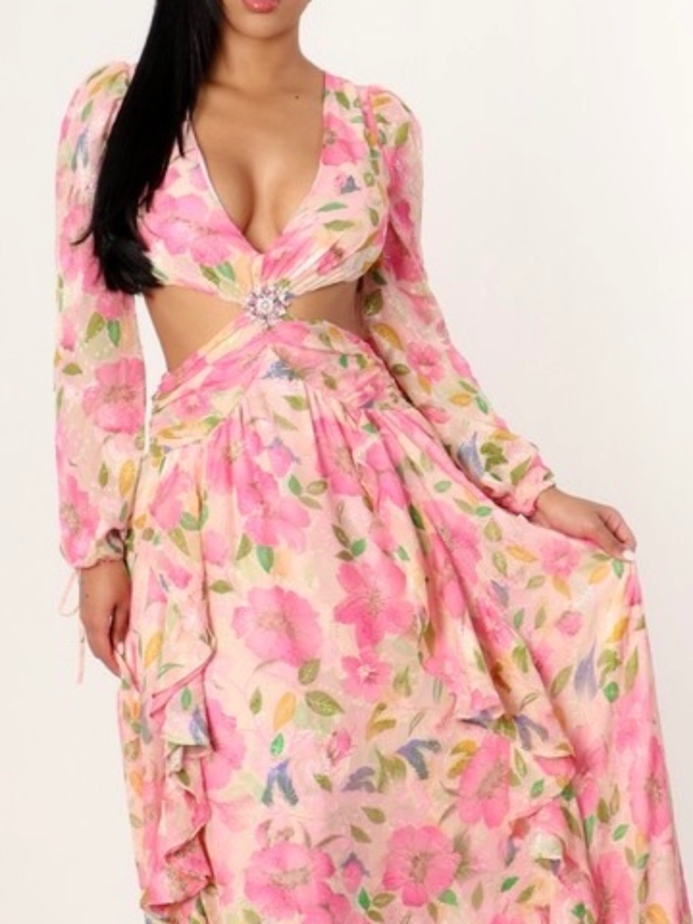 LONG SLEEVE PINK FLORAL MAXI DRESS WITH RUFFLES AND CUTOUT - Picture 3 of 17